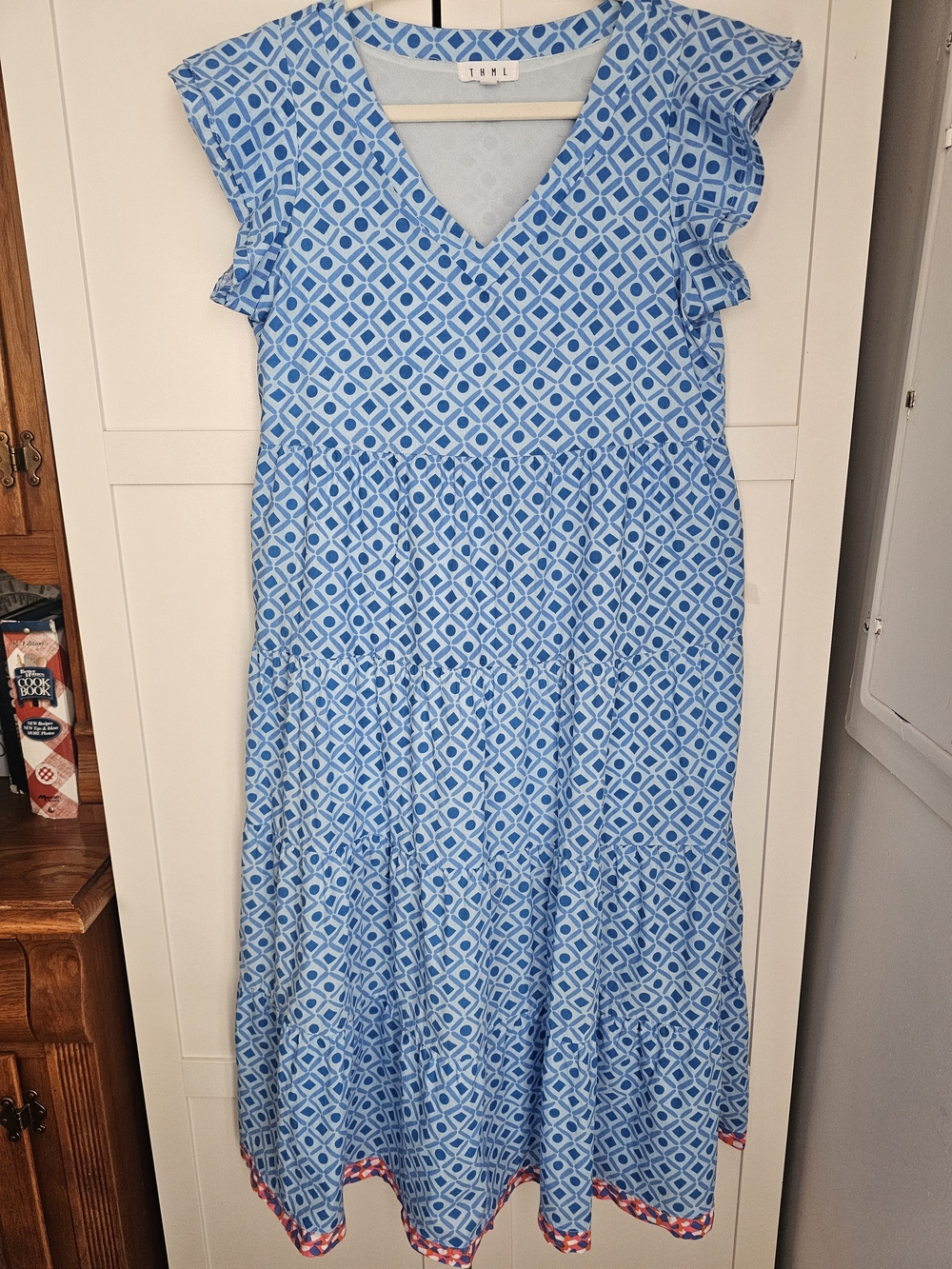THML Blue Geometric Pattern Tiered Midi Dress - Flutter Sleeve V-Neck - Size M